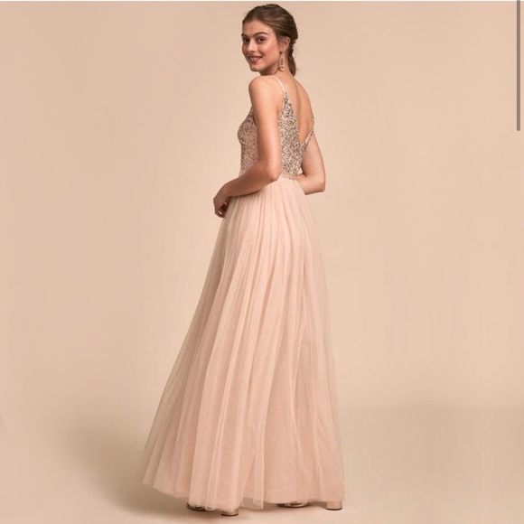 BHLDN Avery Pink Sequin & Tulle Maxi Dress Spaghetti Strap Bridesmaid - Picture 2 of 15